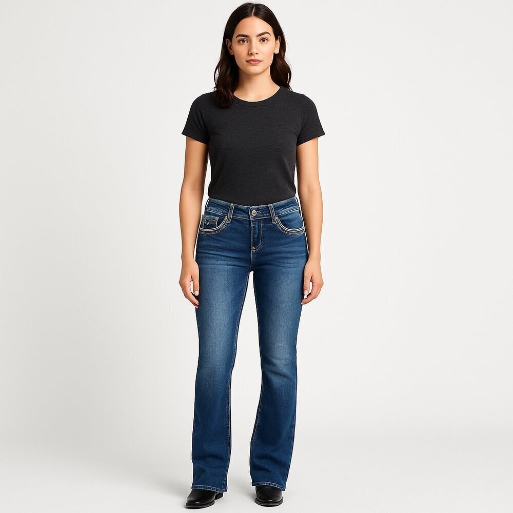 Lamasini Western Rhinestone Bootcut Jeans Mid Rise Stretch Size 9 Blue
